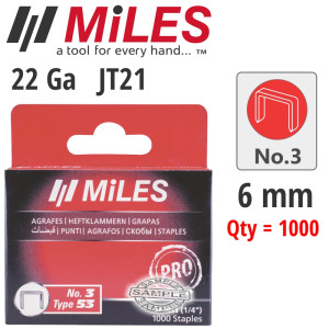 Galv Staples 22g Jt21 6mm X 1000pcs MILES No3